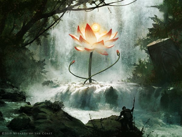 Anime picture 1060x800 with original jason chan single waterfall boy flower (flowers) tree (trees) water staff forest