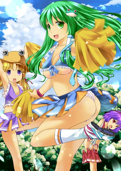 Anime picture 1753x2480 with touhou kochiya sanae moriya suwako yasaka kanako onaka sukisuki long hair tall image highres short hair breasts open mouth light erotic blonde hair red eyes purple eyes multiple girls green eyes purple hair cloud (clouds) ass