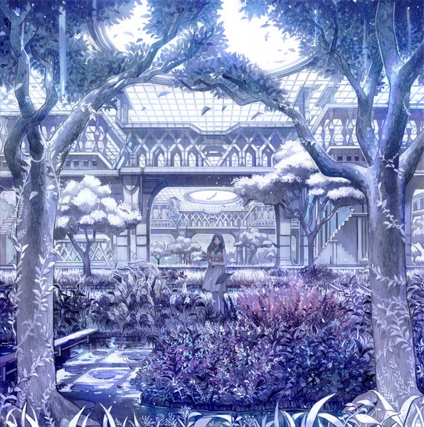 Anime picture 1500x1512 with original sime (echo) tall image bare shoulders barefoot light smile scenic girl dress flower (flowers) plant (plants) animal petals tree (trees) bird (birds) building (buildings) bouquet house pond