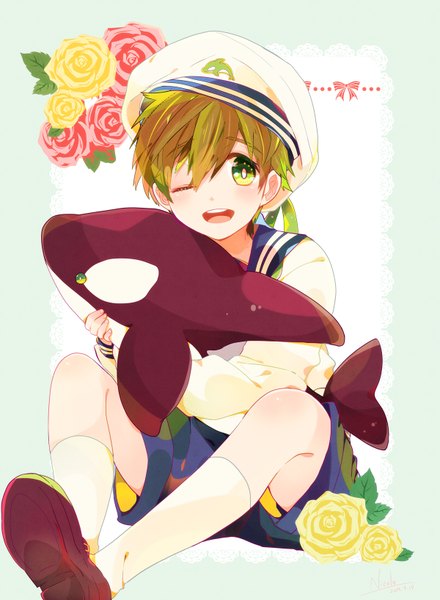 Anime picture 1200x1634 with free! kyoto animation tachibana makoto nicole (usako) single tall image looking at viewer blush short hair open mouth brown hair sitting green eyes one eye closed wink alternate age younger boy flower (flowers) animal