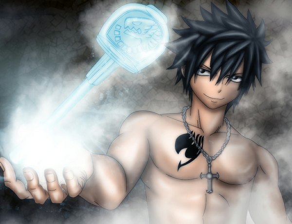 Anime picture 1024x785 with fairy tail gray fullbuster gray fullbuster (artist) single short hair black hair simple background light smile black eyes tattoo coloring magic light muscle boy cross ice key