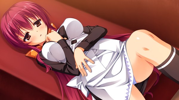 Anime picture 1280x720 with dracu-riot! yuzusoft inamura rio long hair blush light erotic red eyes wide image game cg red hair lying girl socks black socks