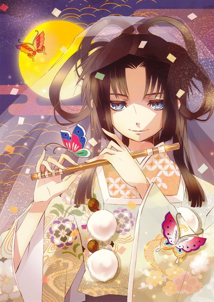 Anime picture 2173x3067 with original eshi 100-nin ten itou noiji single long hair tall image highres blue eyes black hair traditional clothes girl hair ornament insect butterfly musical instrument flute