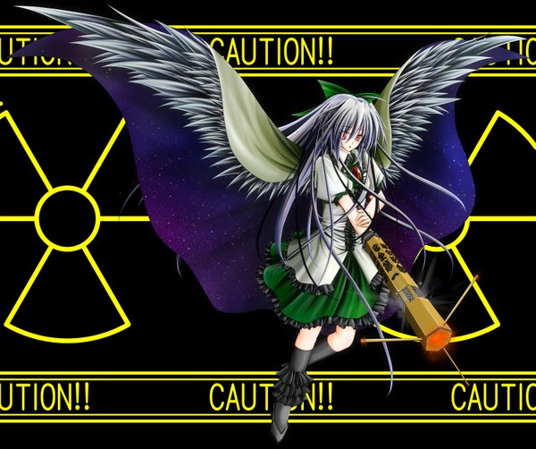 Anime picture 3000x2510 with touhou reiuji utsuho yuuki (pixiv114832) highres starry sky print arm cannon girl wings gun