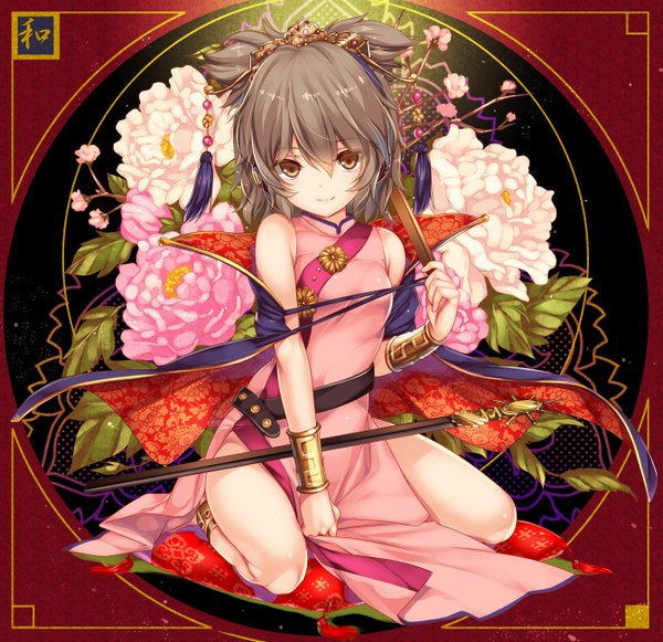 Anime picture 1341x1300 with touhou toyosatomimi no miko moneti (daifuku) single looking at viewer short hair brown eyes traditional clothes grey hair chinese clothes girl hair ornament flower (flowers) weapon sword headphones katana chinese dress