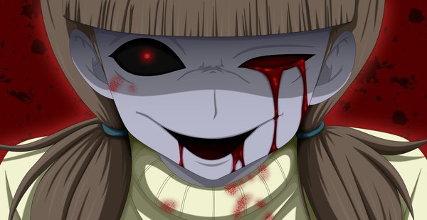 Anime picture 1600x825 with corpse party yuki (corpse party) flowerinhell single long hair fringe open mouth simple background smile red eyes brown hair wide image twintails close-up face glow eyes zombie girl blood