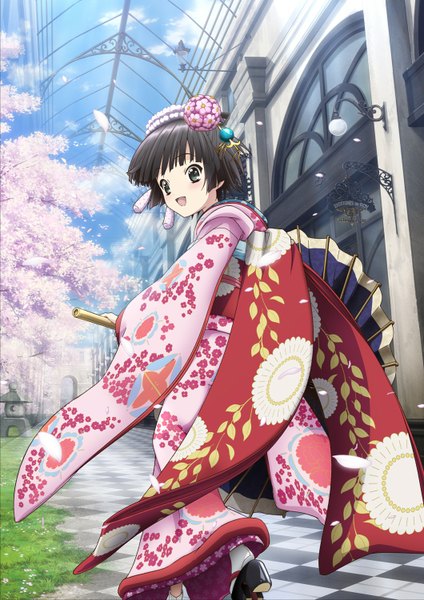 Anime picture 1060x1501 with ikoku meiro no croisee satelight yune (ikoku meiro no croisee) single tall image short hair open mouth black hair green eyes long sleeves traditional clothes japanese clothes looking back loli cherry blossoms girl flower (flowers) kimono