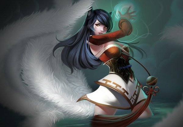 Anime picture 1280x891 with league of legends ahri (league of legends) long5009 single long hair looking at viewer black hair animal ears tail lips realistic orange eyes magic facial mark fox girl multiple tails whisker markings girl dress detached sleeves