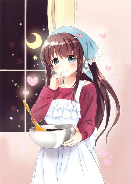 Anime picture 2489x3500 with original tsukako single long hair tall image looking at viewer blush highres blue eyes brown hair scan official art girl food window heart sweets apron chocolate