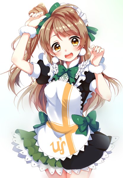 Anime picture 971x1402 with love live! school idol project sunrise (studio) love live! minami kotori paragasu (parags112) single long hair tall image looking at viewer blush open mouth simple background brown hair white background yellow eyes :d teeth hair bun (hair buns) one side up waitress