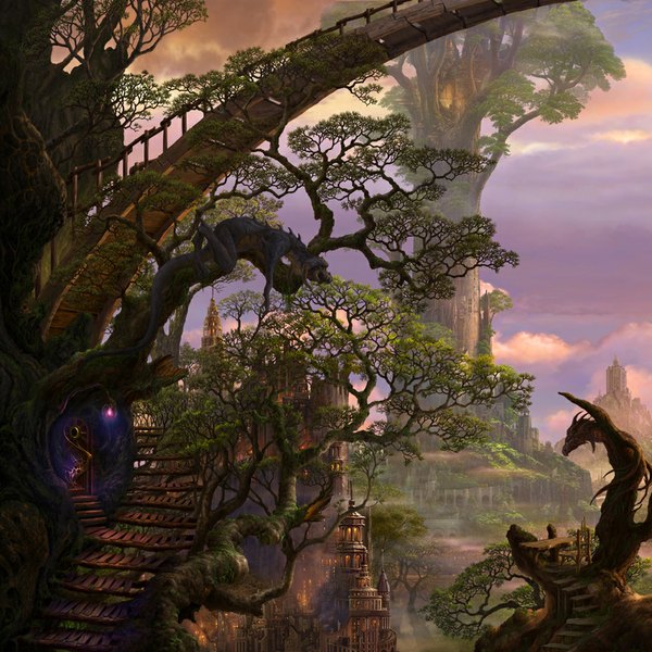 Anime picture 1024x1024 with original ucchiey sky cloud (clouds) fantasy plant (plants) animal wings tree (trees) building (buildings) chair table lantern stairs dragon bridge tower