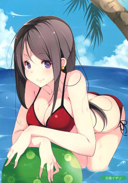 Anime picture 2454x3500 with melonbooks kisaichi jin single long hair tall image looking at viewer highres breasts light erotic black hair smile purple eyes sky cleavage cloud (clouds) scan girl swimsuit plant (plants) bikini