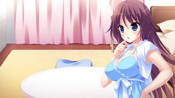 Anime picture 1084x610 with ore to 5-nin no yome-san ga raburabu nano wa mirai kara kita aka-chan no okage ni chigainai! narusawa sora long hair blush breasts blue eyes brown hair wide image large breasts game cg girl dress