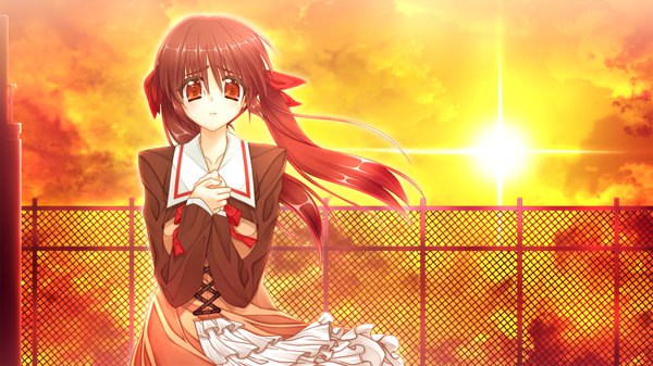 Anime picture 1024x576 with mirai wa kimi ni koishiteru single long hair red eyes brown hair wide image twintails game cg evening sunset girl uniform school uniform