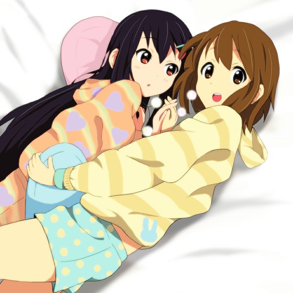 Anime picture 1000x1000 with k-on! kyoto animation hirasawa yui nakano azusa kaiman long hair looking at viewer blush short hair open mouth light erotic black hair smile brown hair multiple girls brown eyes light smile :o holding hands shoujo ai