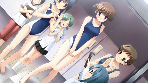 Anime picture 1920x1080 with with ribbon tezuka yumimi highres short hair open mouth blue eyes smile brown hair wide image multiple girls brown eyes blue hair game cg eyes closed green hair 6+ girls 6 girls girl swimsuit one-piece swimsuit