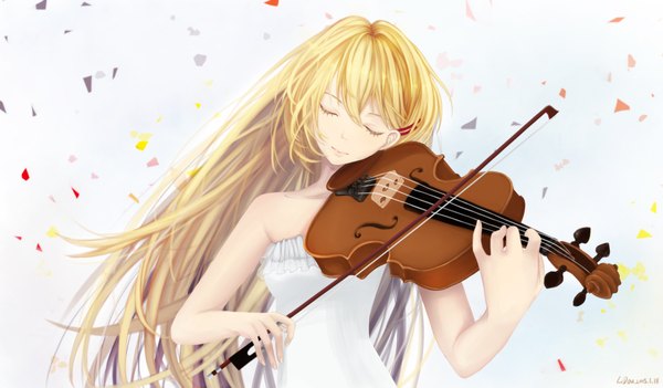 Anime picture 2234x1308 with shigatsu wa kimi no uso a-1 pictures miyazono kaori li dou single long hair fringe highres blonde hair wide image bare shoulders holding signed eyes closed head tilt sleeveless playing instrument girl hair ornament bobby pin
