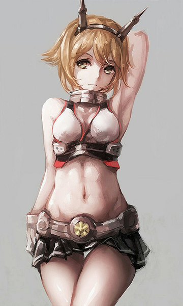 Anime picture 480x800 with kantai collection mutsu battleship labombardier! single tall image short hair light erotic simple background brown hair brown eyes looking away grey background armpit (armpits) midriff arm behind head girl skirt navel hair ornament miniskirt