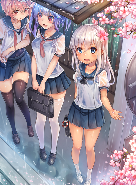 Anime picture 992x1354 with kantai collection ro-500 submarine i-19 submarine i-58 submarine ks long hair tall image blush short hair open mouth blue eyes red eyes multiple girls blue hair pink hair white hair rain wet clothes wet shirt girl