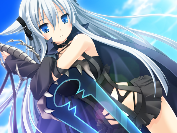 Anime picture 1600x1200 with bloody rondo (game) lynette vance makita maki single long hair blue eyes twintails bare shoulders game cg silver hair short twintails girl weapon collar