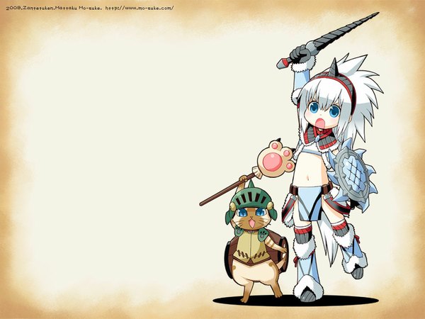 Anime picture 1024x768 with monster hunter kirin (armor) monster hunter (character) mattaku mousuke long hair blue eyes white hair horn (horns) :o midriff wallpaper screaming thighhighs sword cat shield