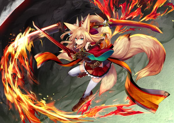 Anime picture 2046x1447 with original kokonoe tsubaki haik single long hair looking at viewer fringe highres blonde hair hair between eyes holding green eyes animal ears full body tail animal tail fox ears fox tail fox girl multiple tails