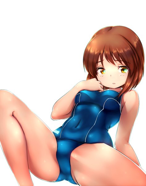 Anime picture 1000x1267 with idolmaster hagiwara yukiho zizi (zz22) single tall image blush short hair open mouth light erotic simple background brown hair white background bare shoulders orange eyes spread legs girl swimsuit one-piece swimsuit school swimsuit