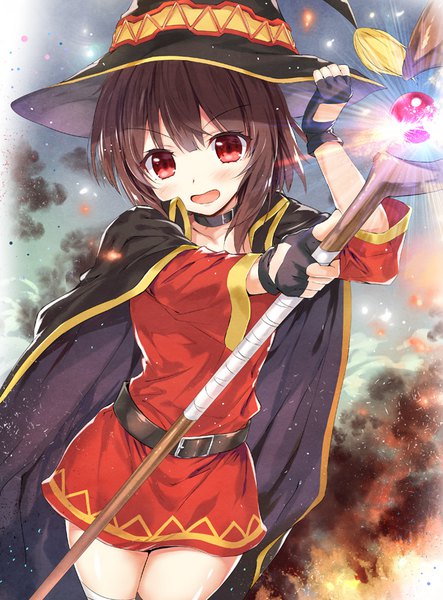 Anime picture 628x850 with kono subarashii sekai ni shukufuku wo! studio deen megumin kibasuke single tall image looking at viewer short hair open mouth red eyes brown hair :d zettai ryouiki outstretched arm happy smoke adjusting hat witch explosion >:d