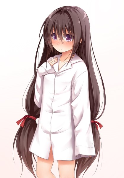 Anime picture 850x1218 with original haryuu (poetto) single long hair tall image blush fringe simple background smile hair between eyes brown hair standing white background purple eyes twintails looking away low twintails girl ribbon (ribbons) hair ribbon