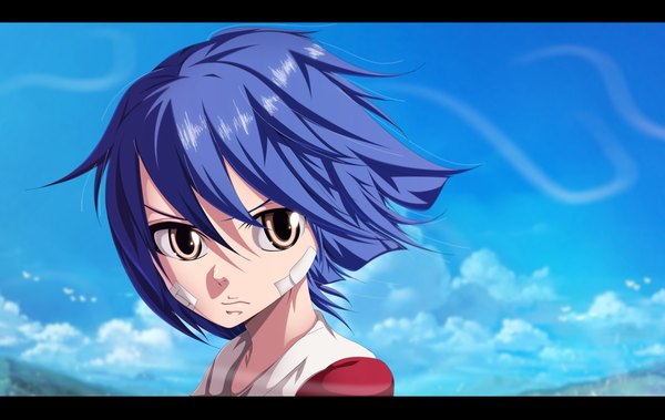 Anime picture 4800x3034 with fairy tail wendy marvell sama15 single highres short hair brown eyes blue hair absurdres sky cloud (clouds) loli coloring bandaid on face girl bandaid