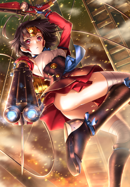 Anime picture 837x1200 with koutetsujou no kabaneri wit studio mumei (kabaneri) yukikaze (siiver92zero) single tall image looking at viewer blush short hair light erotic black hair red eyes girl hair ornament weapon shoes gun bandage (bandages)