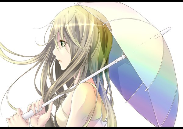 Anime picture 4092x2893 with original bouno satoshi single long hair highres blonde hair bare shoulders green eyes absurdres profile letterboxed girl umbrella