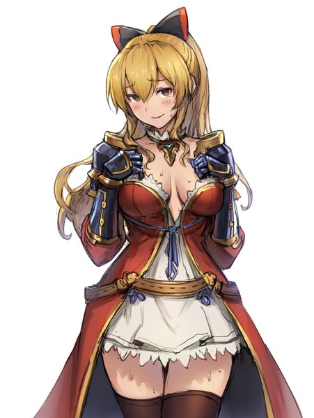 Anime picture 677x900 with granblue fantasy vira lilie haoni single long hair tall image looking at viewer blush fringe breasts light erotic blonde hair smile red eyes standing white background zettai ryouiki girl dress gloves