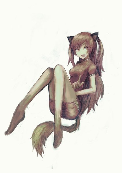 Anime picture 1200x1697 with original blackball (artist) single long hair tall image open mouth smile brown hair twintails brown eyes tail traditional clothes teeth bare legs fang (fangs) fox ears fox tail chinese clothes bent over girl