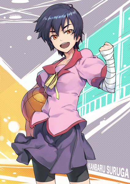 Anime picture 820x1160 with shaft (studio) monogatari (series) kanbaru suruga ryuutetsu single tall image fringe short hair open mouth black hair hair between eyes standing looking away wind orange eyes character names girl uniform school uniform bandage (bandages)