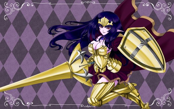Anime picture 1200x750 with queen's blade annelotte inoino (artist) single long hair red eyes wide image purple hair pointy ears rhombus girl weapon armor spear shield