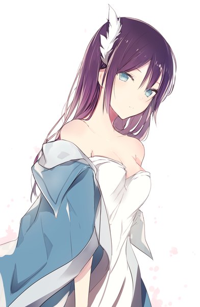 Anime picture 720x1101 with original lpip single long hair tall image looking at viewer blush fringe blue eyes simple background hair between eyes white background bare shoulders payot cleavage purple hair upper body wide sleeves leaning sleeveless