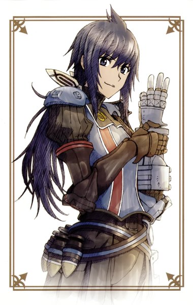 Anime picture 1626x2568 with valkyria chronicles sega imca single long hair tall image looking at viewer fringe breasts simple background white background purple eyes payot purple hair ahoge blunt bangs light smile official art low ponytail framed