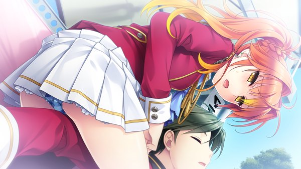 Anime picture 1920x1080 with hello lady akatsuki-works akahito tamao long hair blush highres short hair open mouth light erotic black hair wide image yellow eyes game cg multicolored hair orange hair two-tone hair couple girl boy skirt
