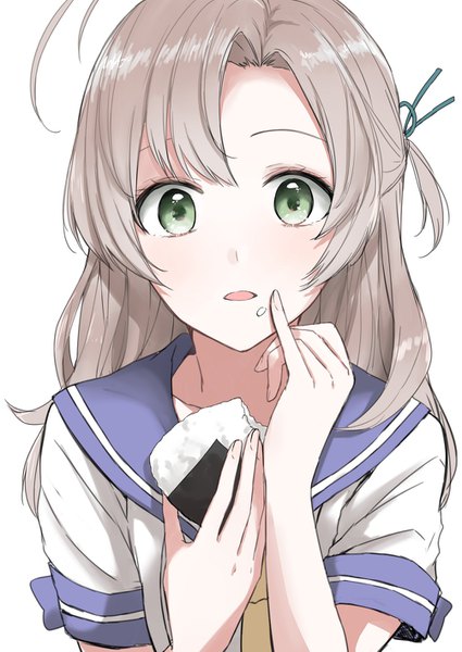 Anime picture 1004x1417 with kantai collection kinugasa heavy cruiser morinaga (harumori) single long hair tall image looking at viewer open mouth simple background brown hair white background green eyes ahoge :d finger to mouth food on face rice on face girl uniform serafuku