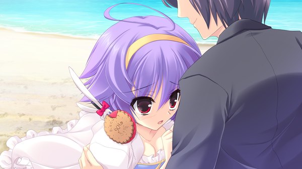 Anime picture 1280x720 with strawberry feels short hair red eyes wide image game cg purple hair ahoge girl boy hairband headphones