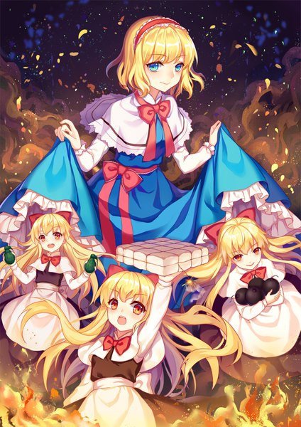 Anime picture 800x1131 with touhou alice margatroid shanghai hourai mirror (xilu4) long hair tall image looking at viewer fringe short hair open mouth blue eyes blonde hair smile red eyes girl bow weapon hair bow fire