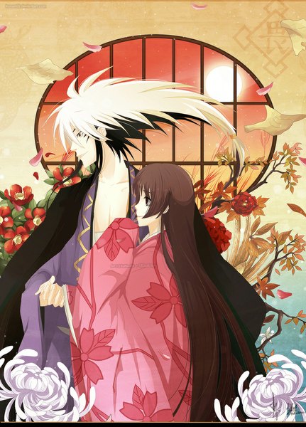 Anime picture 850x1183 with nurarihyon no mago nura rikuo oikawa tsurara hachiretsu long hair tall image fringe smile brown hair holding brown eyes looking away long sleeves traditional clothes japanese clothes profile multicolored hair wide sleeves two-tone hair holding hands