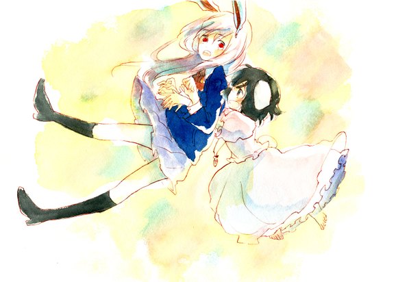 Anime picture 1616x1112 with touhou reisen udongein inaba inaba tewi sugi (artist) long hair short hair open mouth black hair red eyes multiple girls profile pink eyes barefoot bunny ears hug bunny girl traditional media watercolor (medium) girl dress