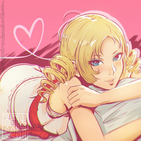 Anime picture 1024x1024 with catherine (game) catherine koyoriin single long hair looking at viewer fringe blue eyes blonde hair smile bare shoulders signed ahoge lying parted lips lips drill hair pink background eyeshadow heart of string