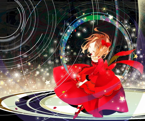 Anime picture 1200x1000 with uchuu kyoudai a-1 pictures drawing girls 2012 itou serika mochikin (jijijin) single short hair brown hair eyes closed girl dress bow hair bow petals star (symbol) star (stars) red dress