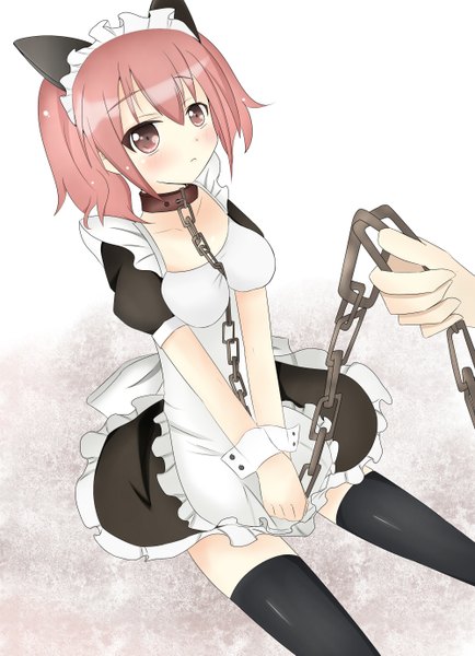 Anime picture 2000x2766 with inu x boku ss david production roromiya karuta single tall image blush highres short hair red eyes animal ears pink hair cat ears maid girl thighhighs black thighhighs headdress maid headdress chain collar