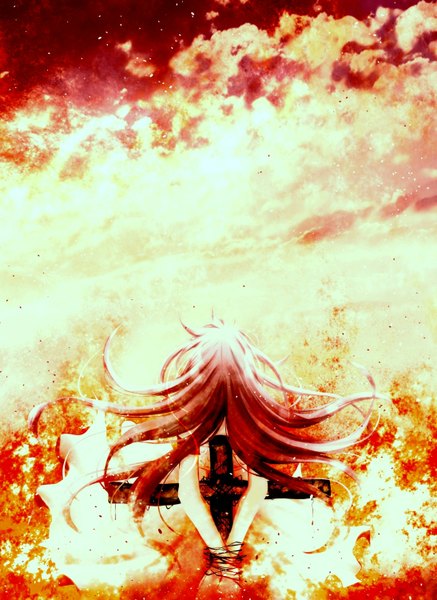Anime picture 1093x1500 with original aonoe single long hair tall image red hair from behind back hands behind back weightlessness girl cross fire