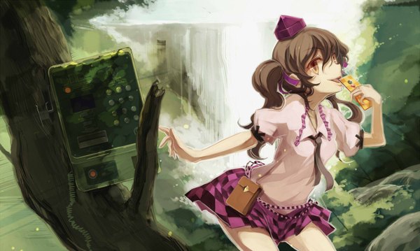 Anime picture 1500x898 with touhou himekaidou hatate shimadoriru single open mouth brown hair wide image twintails brown eyes checkered skirt girl skirt plant (plants) tree (trees) necktie tongue phone tokin hat