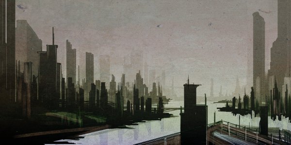 Anime picture 1200x600 with original hidezu-i wide image sky city cityscape river building (buildings)
